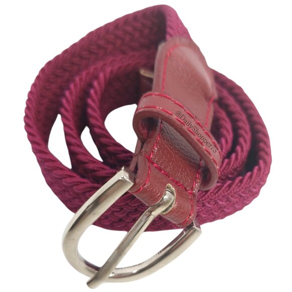 Women's Burgundy Braided Elastic Belt with Vegan Leather Details - Picture 2 of 9
